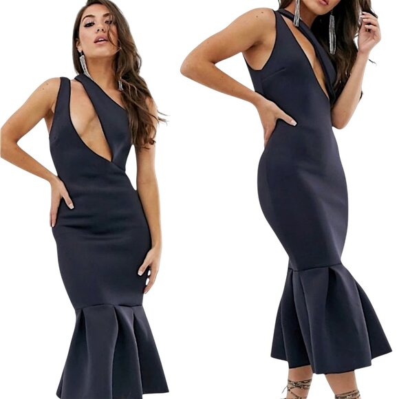 ASOS One Shoulder Cutout Trumpet Midi Dress Neoprene Navy Blue 6 - Picture 1 of 10